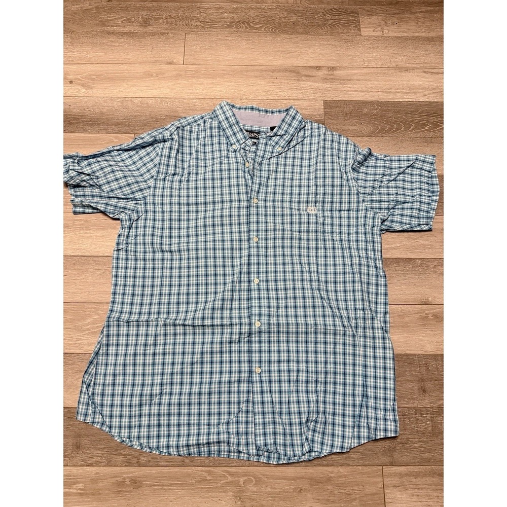 Chaps Easy Care Shirt Mens XXL Blue White‎ Plaid Check Short Sleeve Button Down